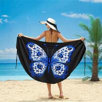 Animal butterfly print beach skirt, multiple ways to wear, cross-over irregular suspenders, seaside sun protection blouse L