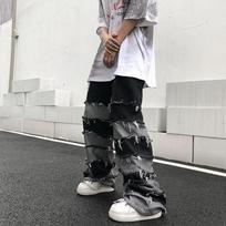 Men's Hip Hop Wide Leg Fringe Pants Personalized Design Street Jeans 3XL black