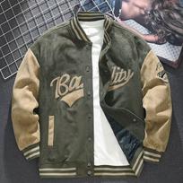 Men's Autumn Winter Fashionable Suede Green Baseball Spring/Autumn Jacket American Retro Jacket Embroidered Loose Pilot Top XXL juoda