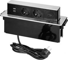 Orno ištraukiama baldų kištukinė lizdas su plokščiu frezuotu kraštu, USB įkrovikliu ir 2m kabeliu, 2x2P+Z (Schuko), 2 x USB (Tipas A), HDMI, 3x1,5mm2, black-silver, INOX | OR-GM-9016(GS)/B-G | 5908254812286