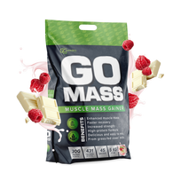 RAW POWDERS Baltymai GO MASS GAINER, 5 kg (aviečių ir baltojo šokolado skonio)