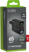 SBS LCD sieninis įkroviklis USB-A 2x USB-C LCD 65 W Black | TETRGANLCD1USB2C65K | 8018417481468