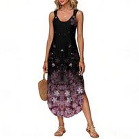 Women's summer long dress, sleeveless with side slits, long retro printed camisole dress XXL
