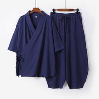 Vyriškas Japonijos Kimono Kardiganas Kelnės Rinkinys Lino Yukata Haori Samurajų Kostiumas Harajuku Laisvas Švarkas Kostiumas M tamsiai mėlyna spalva