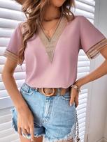 Laisvi palaidi trumpomis rankovėmis moteriška palaidinė Viršutiniai madingi balti V kaklo šifoniniai moteriški marškiniai Dideli moteriški drabužiai Blusas 21064 S balta