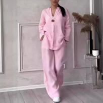 Women Cotton Linen Sets Two 2 Pieces Casual Long Sleeve Button Loose Blouse Shirt + High Elastic Wide Leg Loose Pant Plus Size Suits 5XL