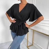 European & American Hot Selling Solid Color Elastic Waist Flare Sleeve Women's Summer Top Extra Large juoda