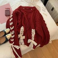 Moteriškas rudens ir žiemos kalėdinis „Twist Tie“ megztinis „Sweet Bow Knit Top“. 3XL