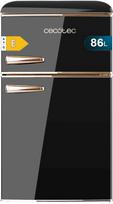 "Cecotec" mažas dviejų durų šaldytuvas "Retro" 86L "Bolero CoolMarket 2D Origin 86 Black E", 89,3 cm aukščio ir 48,7 cm pločio, E energinė klasė, ledo skyrius, vidinis apšvietimas ir chromuota rankena, juodas