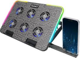 "ENHANCE Gaming Voltaic 2" nešiojamojo kompiuterio aušinimo stovas - nešiojamojo kompiuterio aušinimo padas su 6 mėlynais LED ventiliatoriais, 7 aukščio nustatymais, RGB apšvietimu - metalinis aušinimo padas su telefono stovu, 2 USB jungtimis iki 17"