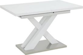 "Hela Tische", "Elvira" stalas su kolonomis, medžio kompozito lakuotas, blizgus baltas + 4 mm stiklo viršus, nerūdijančio plieno pagrindo plokštė, ištraukiamas 120-160 x 80 cm