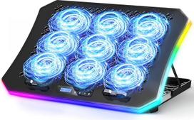 "KeiBn" atnaujintas žaidimų nešiojamųjų kompiuterių aušinimo padas su 9 tyliais RGB ventiliatoriais Aušinimo padas 15,6-17,3 colių nešiojamiesiems kompiuteriams su 7 aukščio stoveliais, 2 USB prievadais, telefono stovas, mėlynas