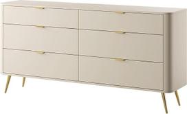 "Selsey" komoda balta su stalčiais 84 x 172 x 38 cm Elegantiško dizaino funkcionalumas miegamajame Auksinės metalinės kojelės 6 stalčiai Idealiai tinka kaip kambario pertvara arba lentyna