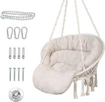Kabantis krėslas su pagalvėle, rankų darbo macrame supamasis krėslas su jungiamosiomis detalėmis, bohemiško stiliaus medvilninės virvės kabantis krėslas vidaus ir lauko reikmėms, smėlio spalvos