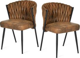 MEUBLE COSY Valgomojo kėdės 2 komplektas su pintine nugarėle Virtuvės kėdė Minkšta kėdė Biuro kėdė, pagaminta iš zomšinės odos Metalinės kojos Smėlio spalvos