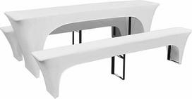 NEWFUN 2 elastingų alaus stalų dangčių rinkinys, balti alaus suolų dangčiai ir staltiesės, 50 cm stalo plotis, alaus palapinių komplektai 220 x 50 x 70 cm, skirti banketams, palapinėms ir sodo vakarėliams