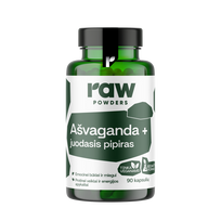 RAW POWDERS Ašvaganda su juoduoju pipiru PLUS, 90 kapsulių