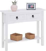 "Caro Furniture" meksikietiško stiliaus staliukas, pušies masyvo staliukas su 2 stalčiais ir 1 lentyna, dažytas baltai.
