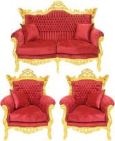 "Casa Padrino Baroque" svetainės kambario komplektas Bordo aksomo audinys / auksas - 2 sėdimų vietų sofa + 2 foteliai