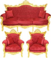 "Casa Padrino Baroque" svetainės kambario komplektas Bordo aksomo audinys / auksas - 3 vietų sofa + 2 foteliai