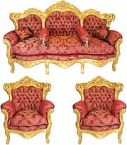 "Casa-Padrino Baroque" svetainės komplektas "Bordeaux Bouquet" / aukso spalvos - 3er sofa + 2 foteliai