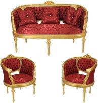 "Casa-Padrino Baroque" svetainės komplektas "Marseille Bordeaux Pattern/Gold" - sofa + 2 foteliai