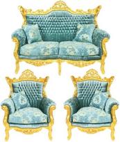 "Casa-Padrino Baroque" svetainės komplektas "Master Turquoise Blue pattern velvet/gold" - 2 vietų sofa + 2 foteliai - ribotas tiražas!