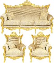 "Casa-Padrino Baroque" svetainės komplektas "Master", kreminis aksomas/auksas - 3 aukštesnė sofa + 2 foteliai