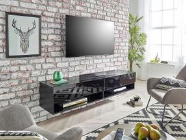 "MMT Furniture Designs Ltd" Juoda medinė plaukiojanti TV spintelė 1400 mm pločio blizgios durys Tinka iki 55 colių ekranams TS013