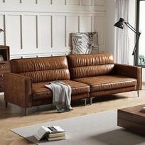 3 vietų sofa iš vintažinės odos - kompaktiška dirbtinės odos sofa su sagomis, metalinėmis kojelėmis ir tiesiais porankiais, ruda - retro sofa svetainei, biurui ar mažam butui (sklandi versija)