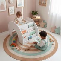 Bellabino "Vily" 2-in-1 vaikiška knygų spinta ir rašomasis stalas, Montessori lentyna vaikams su 4 lentynomis, nudažyta balta spalva, žaislų saugykla su mokymosi paviršiumi, pagaminta iš beržo faneros