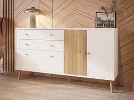 FORTE Harllson lengvai surenkama EasyKlix komoda balta su medžio dekoru: Mauvella ąžuolas, komoda, 2 stalčiai, 3 durys, vidurio amžiaus stilius, 160 cm pločio x 86 cm aukščio x 41 cm gylio, 160 cm pločio x 86 cm aukščio x 41 cm gylio