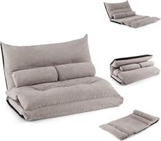 GOPLUS grindų sofa su miego funkcija, "3-in-1" sofa-lova su reguliuojamu atlošu, pagalvėle ir putplasčiu, maksimali apkrova 150 kg, sulankstoma sofa svetainei ir miegamajam (pilka)