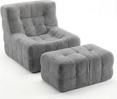 RUMMY Beanbag sofa su taburete, Bean Bag sofa su putplasčio užpildu, be kaulų grindų sofa svetainei ar miegamajam, nereikia surinkti, pilka