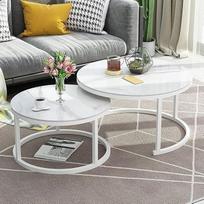 Stilingas baltas apvalus sukraunamų kavos staliukų rinkinys su metaliniu rėmu - modernūs namų biuro ir svetainės baldai 70 cm ir 50 cm universalūs svetainės stalai
