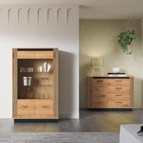 Svetainės baldų komplektas 2 dalių komoda Komoda su stalčiais Vitrina Vitrina Svetainės baldų komplektas Modernus ąžuolo su juoda spalva