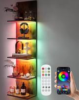 XIIW sieninė lentyna su RGB + IC apšvietimu, knygų spinta, 5 medinės lentynos su programėle ir nuotolinio valdymo pulteliu, sieninė lentyna, plona tualetinio staliuko lentyna miegamajame, svetainėje, 30 x 18 x 117 cm, medžio spalvos