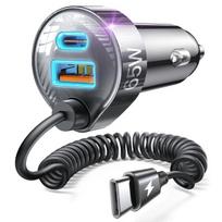 Automobilinis įkroviklis su spyruokliniu laidu, 3-in-1, 65W