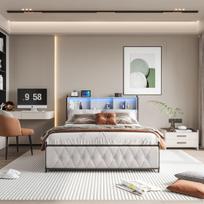 Minkšta lova su LED apšvietimu, įkrovimo stotele ir 4 stalčiais, grotelių rėmas, 140 x 200 cm, smėlio spalvos aksomas, be čiužinio