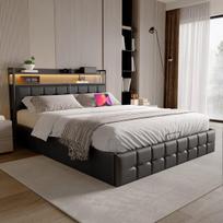 Dvigulė lova 160 x 200 cm, apmušta lova su LED, USB Type-C, juoda, PU