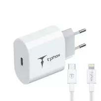T-Phox iSpeed travel charger | 20W | USB-C, Lightning | with USB-C to Lightning cable included | white