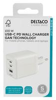 USB GaN sieninis įkroviklis DELTACO, 100 W, 1x USB-A, 2x USB-C, PPS, bendra išvestis 100 W, baltas / USBC-GAN06 / 1903219
