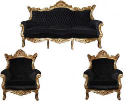 "Casa-Padrino Baroque" svetainės kambario komplektas "Master Black/Gold Mod2-3 vietų sofa + 2 foteliai