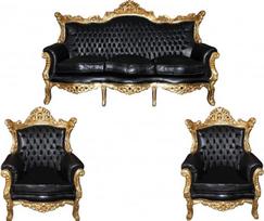 "Casa-Padrino Baroque" svetainės kambario komplektas "Master Black/Gold Leather Sofa Mod2-3 vietų sofa + 2 foteliai