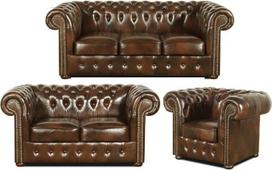 "Casa-Padrino Chesterfield" 3 dalių svetainės komplektas tamsiai rudos spalvos - prabangūs natūralios odos baldai