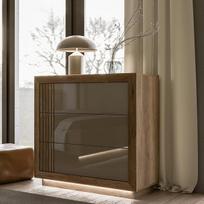 "Forte Savona" elegantiška komoda 103 su 3 stalčiais, antikinio ąžuolo dekoras / smėlio spalvos blizgesys, 103 cm pločio x 98,2 cm aukščio x 42,3 cm gylio
