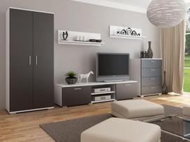 "Per la vita California 2" baltos/juodos spalvos sieninė spinta - modernus baltos/juodos spalvos svetainės baldų komplektas su drabužių spinta, TV spinta, komoda ir 2 sieninėmis lentynomis - svetainės sieninė spinta