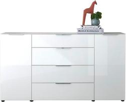 "Santorin" 180 cm pločio balta 180 cm pločio bufetė su stikliniu priekiu, baltos spalvos korpusas su stikline viršutine lentyna ir stalčiais jūsų gyvenamajai erdvei 180 x 99 x 40 cm (plotis x aukštis x gylis)