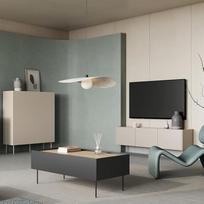 "Wohnmöbel" komplektas "Living Wall Unit", kašmyro ir juodos matinės spalvos su ąžuolu, 3 dalių, su kavos staliuku, aukštąja lenta, žemąja lenta, modernus, be rankenų