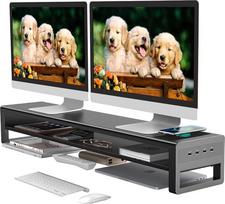 (2 pakopų) Dviejų monitorių palaikymas Belaidis įkrovimas ir 4 USB prievadai Metalinis monitoriaus stovas, skirtas duomenų perdavimui ir įkrovimui, idealiai tinka kompiuterio monitoriams